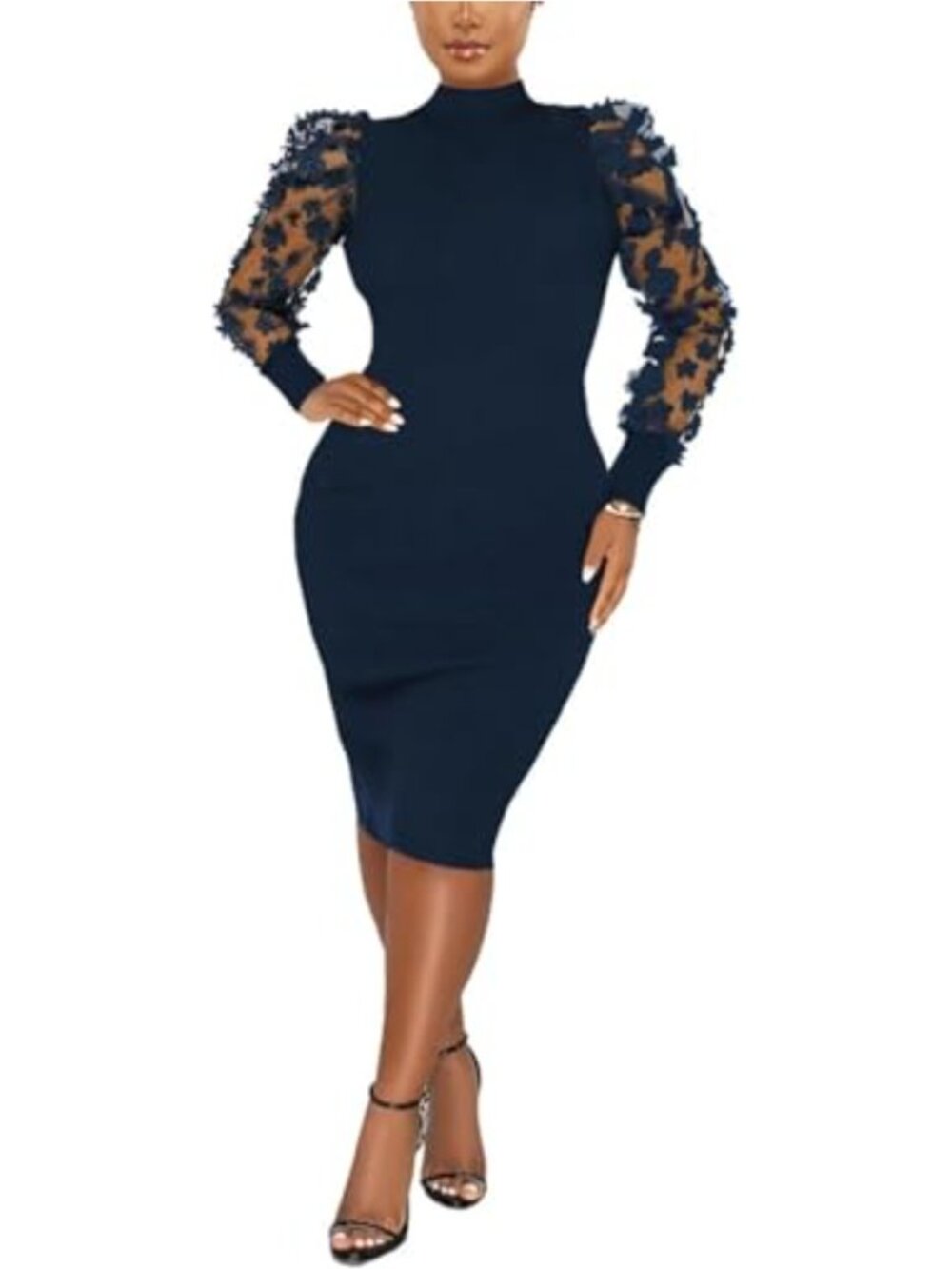 Elegant Sheer Mesh Mock Neck Long Sleeve Bodycon Pencil Midi Dress Ribbed
